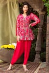 Buy_Chhavvi Aggarwal_Red Crepe V Neck Floral Print Tunic And Dhoti Pant Set _at_Aza_Fashions