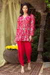 Chhavvi Aggarwal_Red Crepe V Neck Floral Print Tunic And Dhoti Pant Set _Online_at_Aza_Fashions