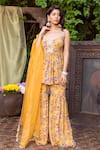 Buy_Chhavvi Aggarwal_Yellow Organza Scoop Neck Floral Print Kurta Sharara Set _Online_at_Aza_Fashions