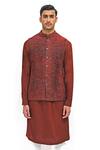 GRAM OF INK_Red Chenille Textured Bundi And Kurta Set _at_Aza_Fashions