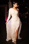 Buy_Chisel By Meghna Ramrakhiya_White Stretchable Net Floral Motifs, Sequin One Shoulder Embroidered Gown _at_Aza_Fashions
