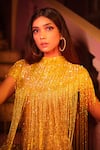 Chisel by Meghna Ramrakhiya_Yellow Stretchable Net Embroidered Cutdana Work Crew Fringe Dress _Online_at_Aza_Fashions