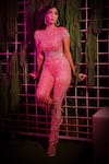 Buy_Chisel by Meghna Ramrakhiya_Pink Stretchable Net Embroidered Cutdana Work Crew Neck Jumpsuit  _at_Aza_Fashions