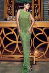 Buy_Chisel by Meghna Ramrakhiya_Green Stretchable Net Embroidered And Cut Dana Fringe Tassels Gown  _at_Aza_Fashions