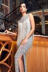Buy_Chisel by Meghna Ramrakhiya_Silver Stretchable Net Cut Dana Fringe Tassels Gown_at_Aza_Fashions