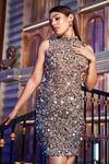 Shop_Chisel by Meghna Ramrakhiya_Silver Stretchable Net 3d Sequin Embellished Dress_at_Aza_Fashions