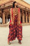 Swati Vijaivargie_Maroon Chanderi Silk Asymmetric Cape And Draped Pant Set_Online_at_Aza_Fashions