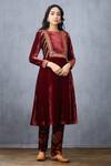 Torani_Maroon Silk Velvet Gudhal Makhmal Qurbat Khat Kurta_Online_at_Aza_Fashions