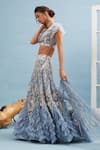 Shop_Cherie D_Blue Tulle V Neck Silk Frill Lehenga Set _at_Aza_Fashions