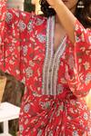 Chhavvi Aggarwal_Red Crepe Sequins, Cut Work V-neck Floral Print Draped Dress _Online_at_Aza_Fashions
