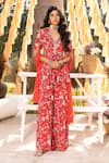 Chhavvi Aggarwal_Red Crepe, Net Sequins, Beads, Embroidery V-neck Floral Print Jacket Sharara Set _Online_at_Aza_Fashions