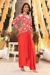 Chhavvi Aggarwal_Red Crepe Printed Floral V Neck Jacket And Draped Skirt Set _Online_at_Aza_Fashions