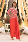 Buy_Chhavvi Aggarwal_Red Crepe Printed Floral V Neck Jacket And Draped Skirt Set _Online_at_Aza_Fashions