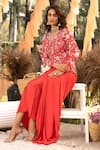 Chhavvi Aggarwal_Red Crepe Printed Floral V Neck Jacket And Draped Skirt Set _at_Aza_Fashions