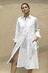 Buy_Chillosophy_White Cotton Poplin Shirt Collar Flared Midi Dress  _at_Aza_Fashions