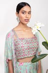 Aneesh Agarwaal_Green Silk Muslin Straight Floral Print Cape Lehenga Set _Online_at_Aza_Fashions