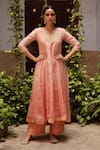 Shop_Apeksha Jain Label_Peach Chanderi Hand Embroidered Gota Patti Work Round Anarkali And Palazzo Set _at_Aza_Fashions
