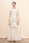 Shop_Arihant Rai Sinha_Off White Chanderi Lace Round Hand Painted Floral Kurta Sharara And Dupatta Set _Online_at_Aza_Fashions