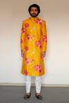 Buy_Chrkha_Yellow Chanderi Silk Satin Lining Printed Achkan And Kurta Set _at_Aza_Fashions