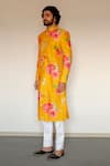 Chrkha_Yellow Chanderi Silk Satin Lining Printed Achkan And Kurta Set _Online_at_Aza_Fashions