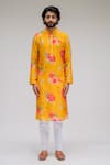 Buy Yellow Chanderi Silk Satin Lining Printed Kurta Set For Men by ...