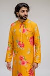 Buy Yellow Chanderi Silk Satin Lining Printed Kurta Set For Men by ...