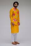 Chrkha_Yellow Chanderi Silk Satin Lining Printed Bundi And Kurta Set _Online_at_Aza_Fashions