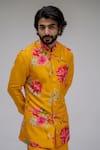 Buy_Chrkha_Yellow Chanderi Silk Satin Lining Printed Bundi And Kurta Set _Online_at_Aza_Fashions