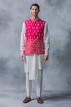 Sarab Khanijou_Pink Raw Silk Resham Embroidered Waist Coat And Kurta Set_Online_at_Aza_Fashions