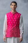 Buy_Sarab Khanijou_Pink Raw Silk Resham Embroidered Waist Coat And Kurta Set_Online_at_Aza_Fashions