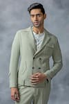 Shop_Sarab Khanijou_Green Jersey Plain Pistachio Double Breasted Blazer Set _Online_at_Aza_Fashions