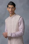 Buy_Sarab Khanijou_Pink Silk, Modal Pearls, Embroidery Thread And Work Waist Coat & Kurta Set _Online_at_Aza_Fashions