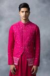 Shop_Sarab Khanijou_Pink Silk, Modal, Cotton Embroidery Floral Thread Work Waist Coat With Kurta Set _Online_at_Aza_Fashions