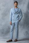 Shop_Sarab Khanijou_Sky Blue Jersey Plain Zipper And Patch Pocket Detailed Blazer & Pant Set _Online_at_Aza_Fashions