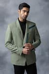 Shop_Sarab Khanijou_Green Suiting Fabric Textured Pintucks Blazer _Online_at_Aza_Fashions