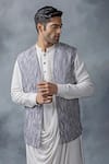 Shop_Sarab Khanijou_Grey Organza, Modal Embroidery, Pearls Work Waist Coat With White Kurta Set _Online_at_Aza_Fashions