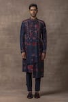 Sarab Khanijou_Blue Silk Embroidery Thread Tie Dye Kurta Set _Online_at_Aza_Fashions