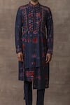 Sarab Khanijou_Blue Silk Embroidery Thread Tie Dye Kurta Set _at_Aza_Fashions