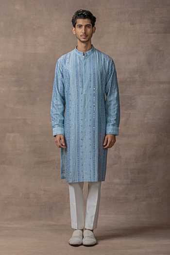 Sarab Khanijou_Blue Chanderi Silk Embroidery Mirror Kurta Set _Online_at_Aza_Fashions