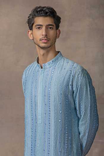 Shop_Sarab Khanijou_Blue Chanderi Silk Embroidery Mirror Kurta Set _Online_at_Aza_Fashions