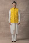 Buy_Sarab Khanijou_Yellow Organza, Modal Mirrors, Embroidery Thread And Work Waist Coat & Kurta Set _Online_at_Aza_Fashions