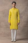 Sarab Khanijou_Yellow Moss Crepe Plain Neckline Embroidered Kurta Set _Online_at_Aza_Fashions