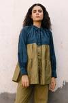 Buy_Ayaka_Blue 100% Cotton Corduroy, 100% Mulberry Silk Collared Neck Raglan Tunic_Online_at_Aza_Fashions
