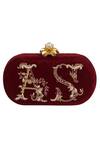 Shop_Lovetobag_Red Embellished Monogram Oval Clutch _at_Aza_Fashions