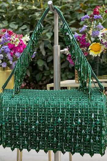 Buy_Lovetobag_Emerald Green Embellished Opal Flapover Clutch _at_Aza_Fashions