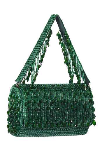Shop_Lovetobag_Emerald Green Embellished Opal Flapover Clutch _at_Aza_Fashions