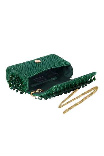 Buy_Lovetobag_Emerald Green Embellished Opal Flapover Clutch _Online_at_Aza_Fashions