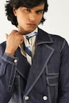 Countrymade_Blue Linen Cropped Trench Jacket _at_Aza_Fashions