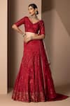 Buy_Chhaya Mehrotra_Red Silk Organza Embroidery V Neck Bridal Lehenga Set _Online_at_Aza_Fashions