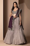 Buy_Chhaya Mehrotra_Grey Pure Habutai Silk Embroidery V Neck Crushed Lehenga Set _at_Aza_Fashions